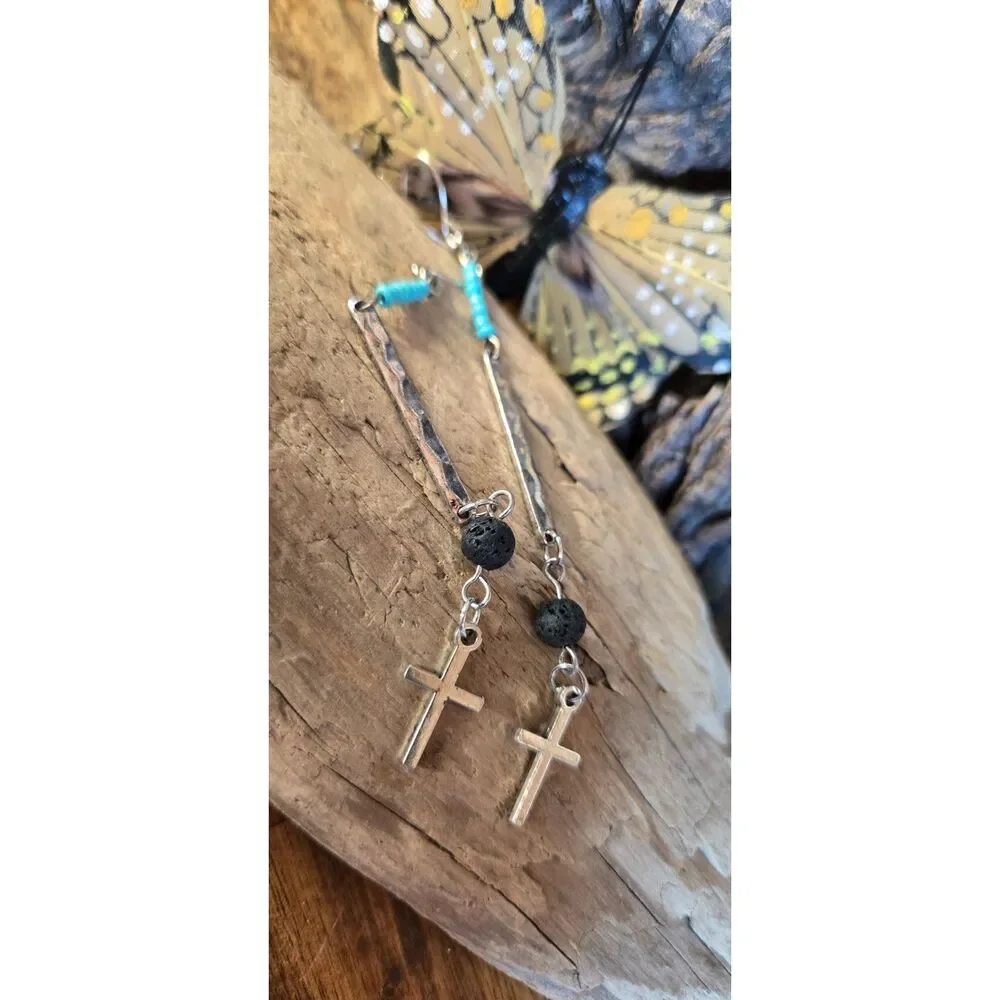 Western Aromatherapy Cross Dangle Earrings | Lava Stone & Blue Glass Beads